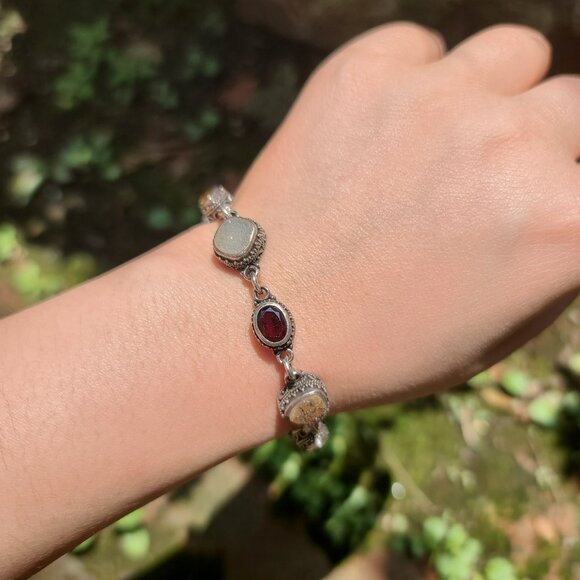 Handmade Sterling Silver Toggle Bracelet with Multi Gemstones and Ornate Detail - Picture 9 of 12